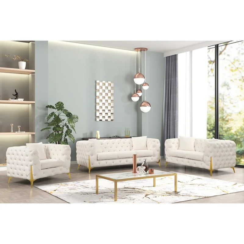 3 Pieces Mid-century Modern Buckle Fabric Living Room Sofa Set Sectional