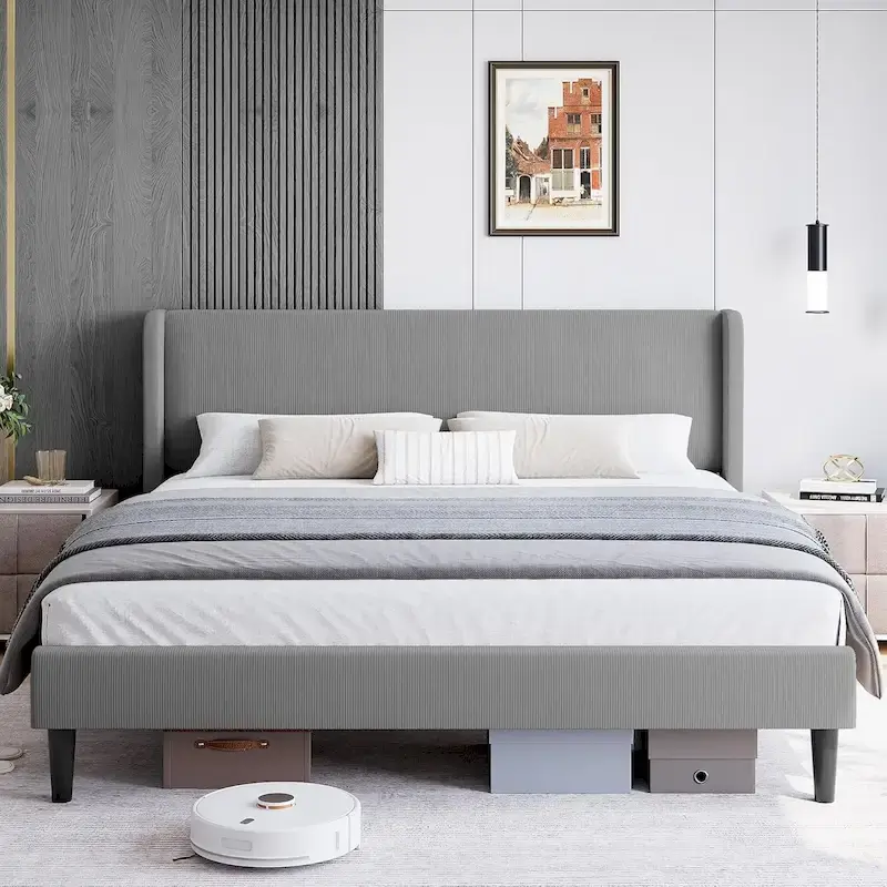 Upholstered Wingback Bed Frame with Velvet Headboard