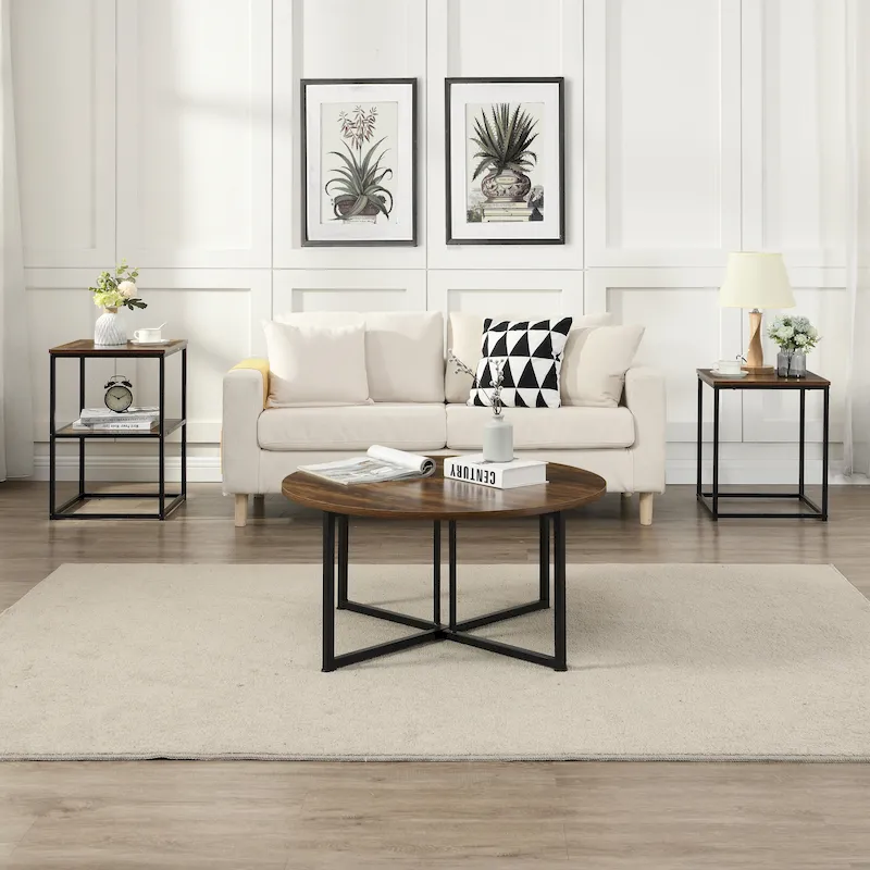 Myhozm 3-piece Round Coffee and Side Table Set with Open Shelves