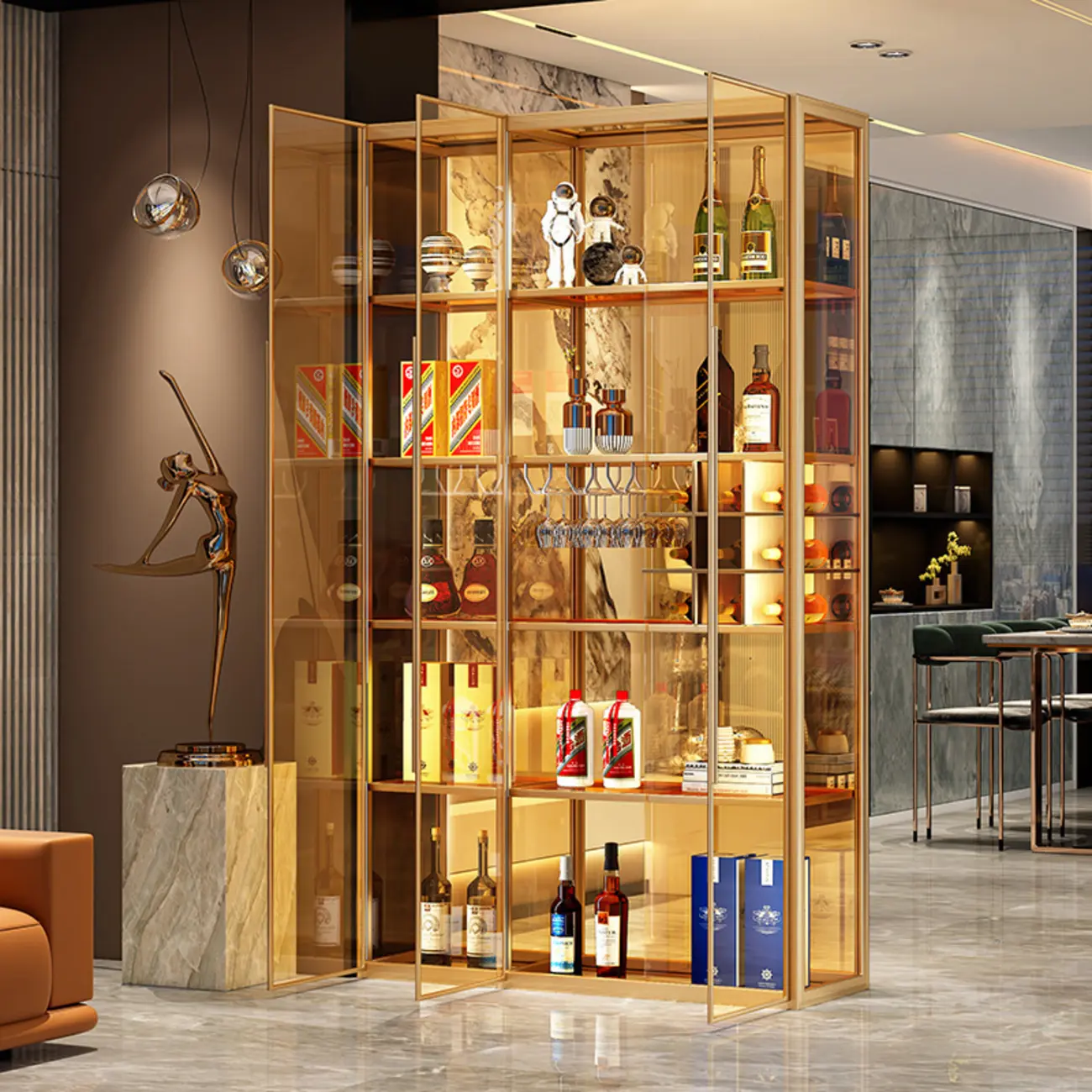 Luxury Multi-Layer Tan Glass Curio Cabinet with Light