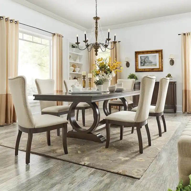 Willa Dark Cherry Wood and Beige Fabric Extendable Rectangular Dining Set by iNSPIRE Q Classic