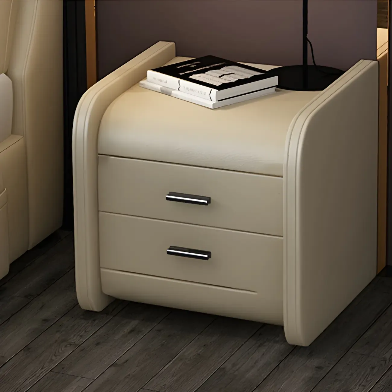 Modern Round Edge Nightstand with 2 Drawers in Beige Leather