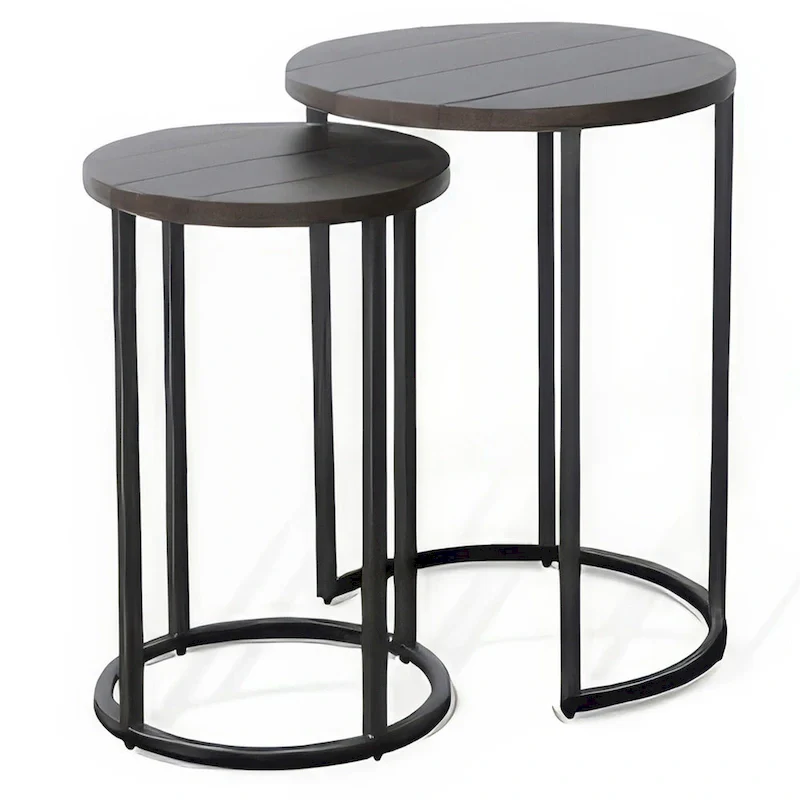 Flint 2 Piece Nesting Table Set, Dark Brown Mahogany, Black Metal Base