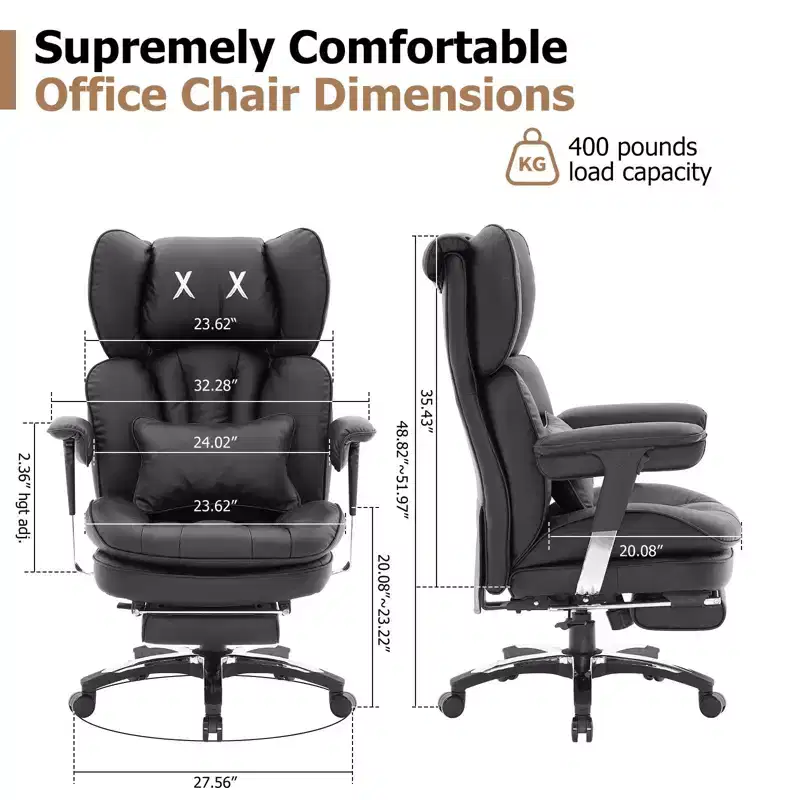 Big and Tall Office Chair with Footrest - Efomao High Back Executive Desk Chair with Wide Seat, Adjustable Armrests, Ergonomic Computer Chair, Black