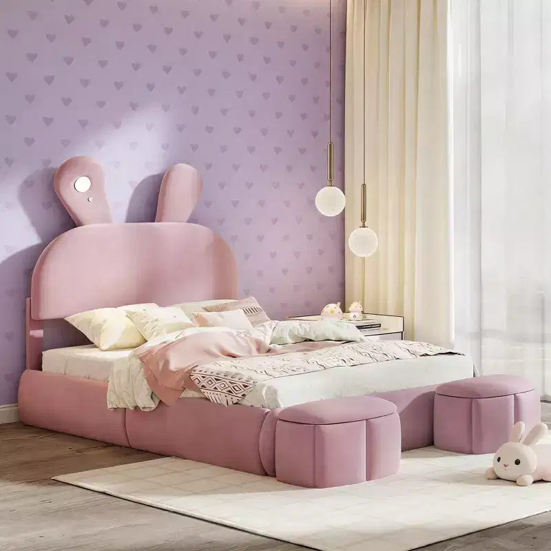 Pink Velvet Rabbit Ear Kids' Platform Bed - Full, Single