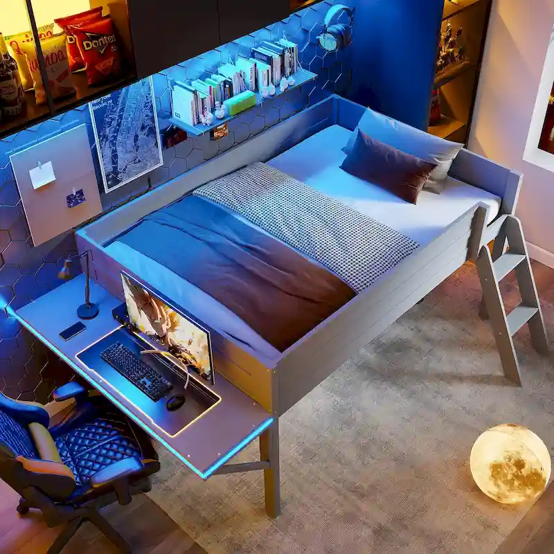 Full Wood Gaming Loft Bed with LED Desk & Storage