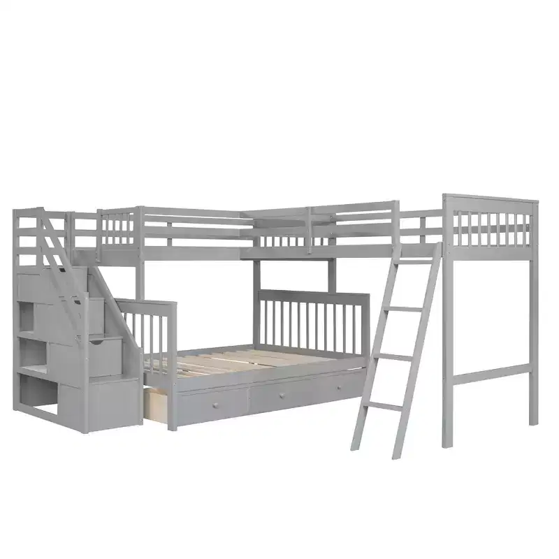 Stylish Design Twin over Full L-Shaped Bunk Bed With 3 Drawers, Ladder and Staircase