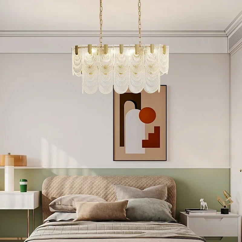 31.in. Gold Oval Crystal Chandelier, 8-Light Adjustable Hanging Pendant Light for Kitchen Island, Bulbs Included