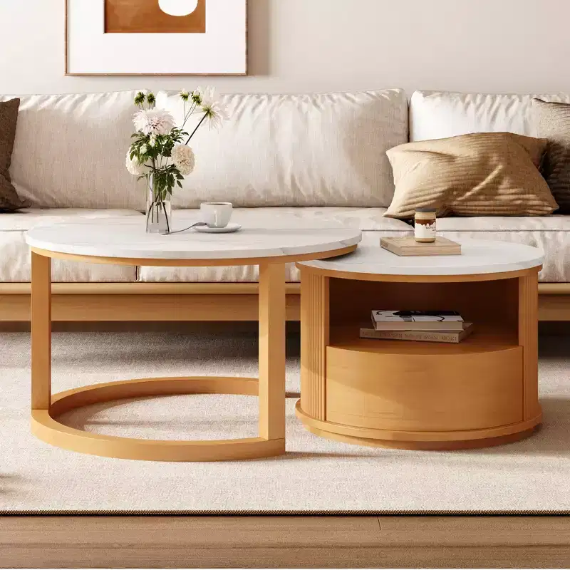 Round Nesting Coffee Table Set with White Marble Top, 2-Tier Storage & Drawer, Natural - ModernLuxe