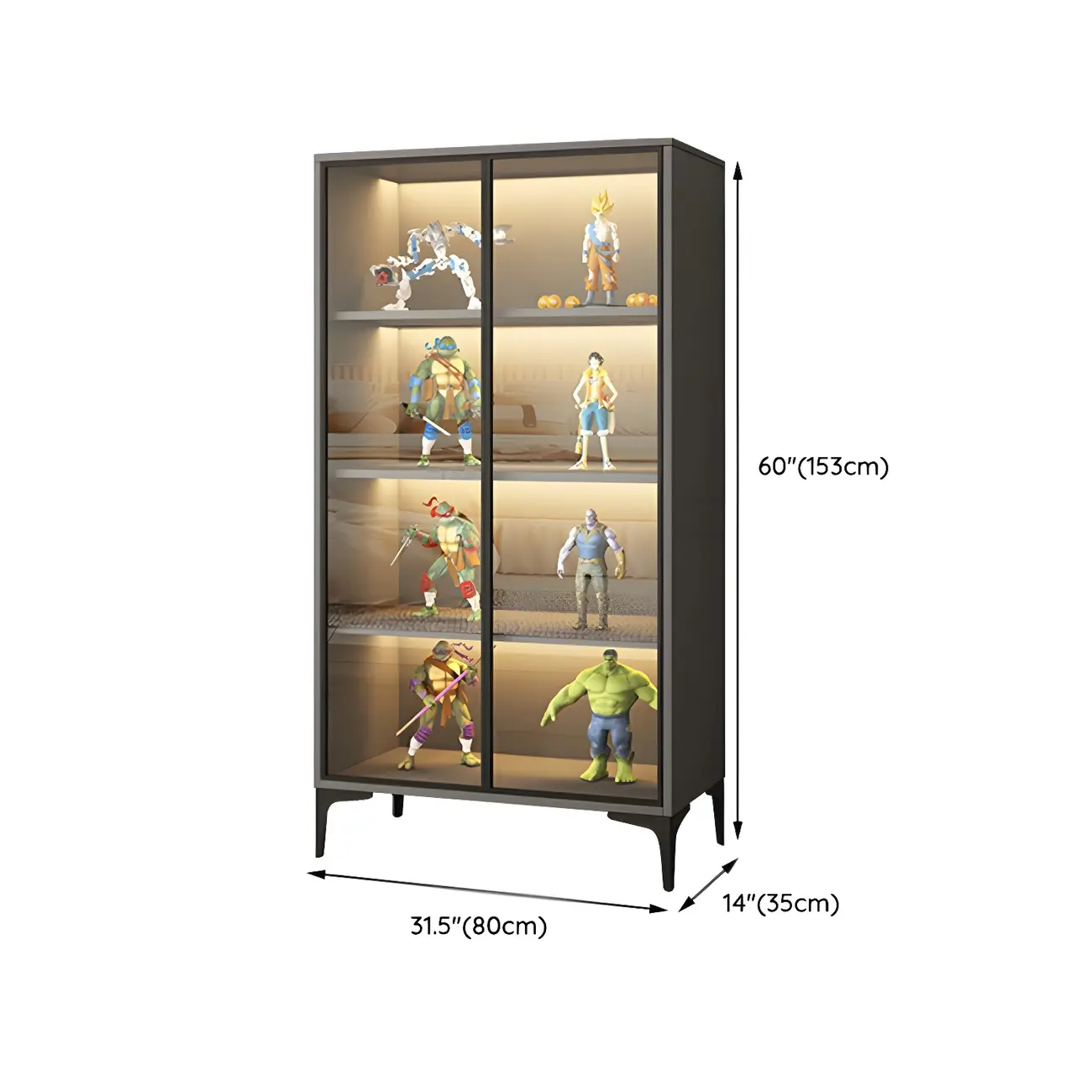 Freestanding Black Tempered Glass Wood Display Cabinet
