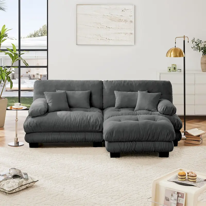 L Shaped Loveseat Sofa Chenille Sectional Couch with Lumbar Pillows