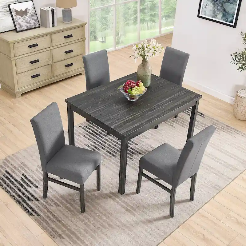 Rustic 5-Piece Dining Set with Small Space Rectangular Table & 4 Upholstered Chairs