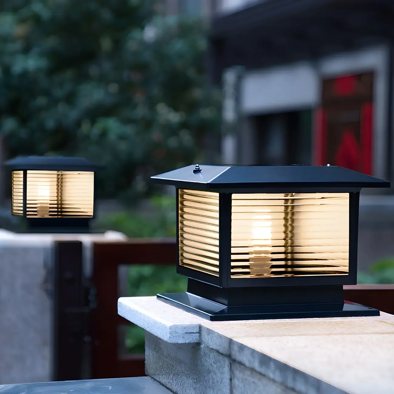 Modern Black Square Striped Solar LED Outdoor Post Lights