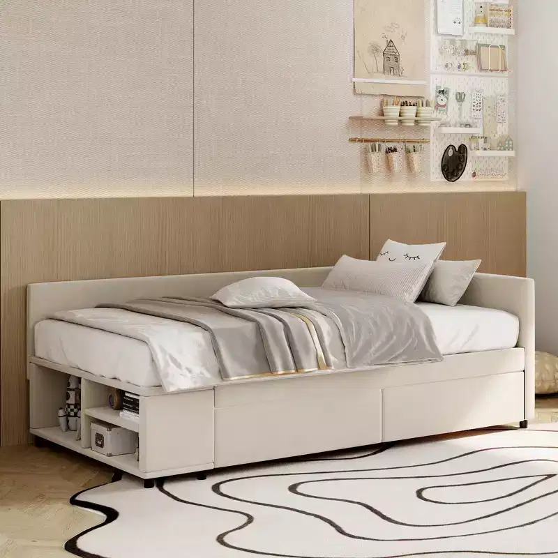 Whisen Twin Size L-Shaped Platform Bed with Wrap-Around Storage and Drawers , Sturdy and Durable Construction