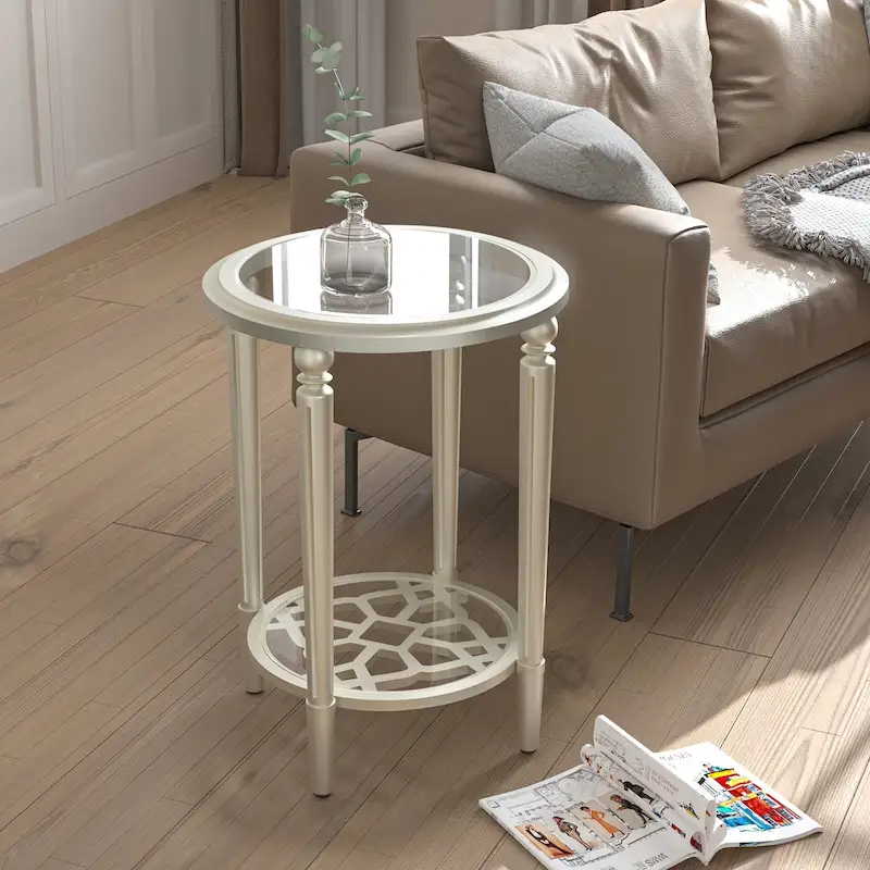 COSIEST Champagne Round Solid Wood Tempered Glass Coffee Table