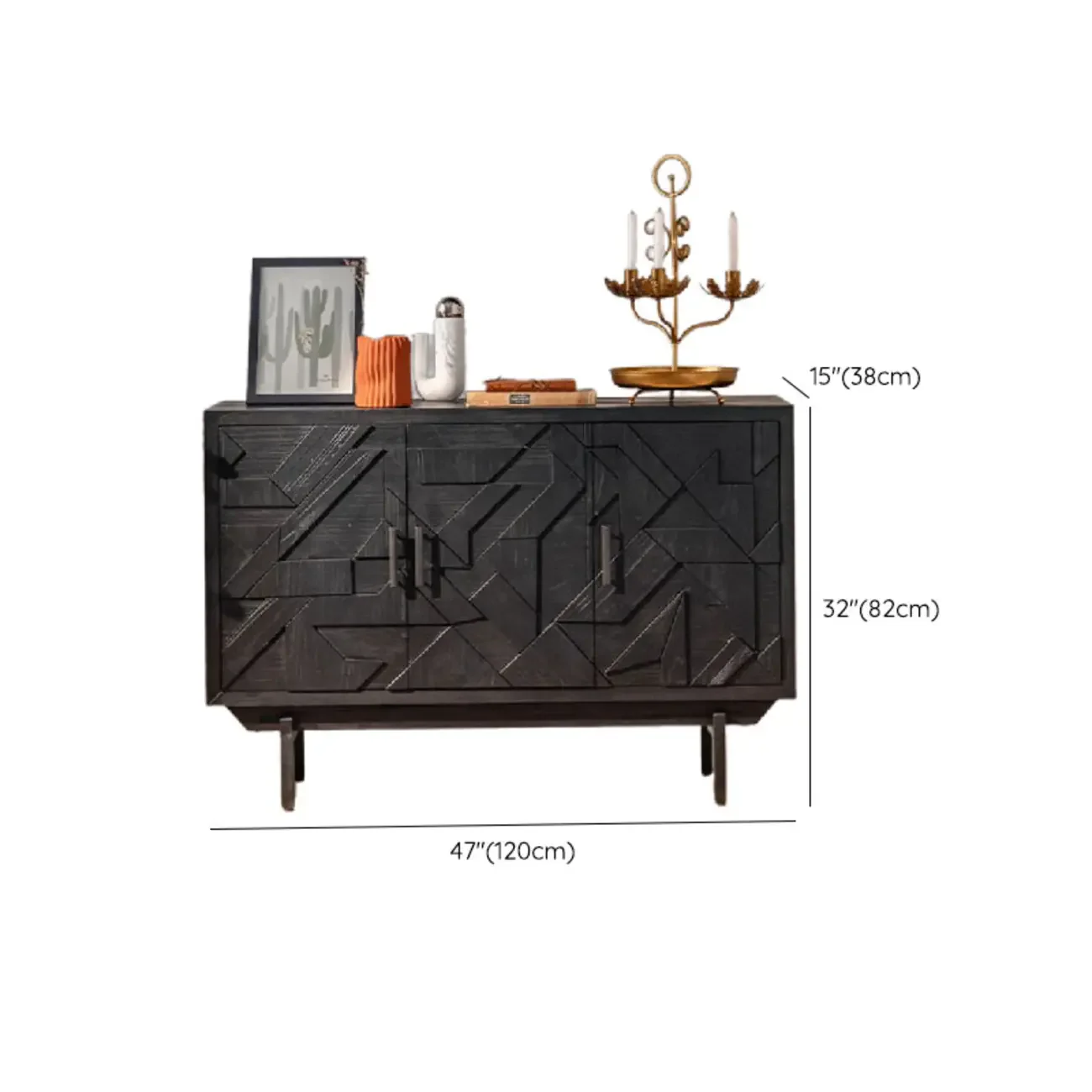 Mid-Century Rectangle Black Distressed Wood Carved Cabinet