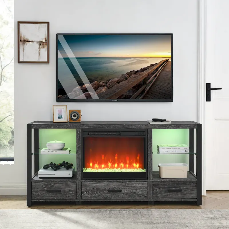 60 Inch Electric Fireplace Media Tv Stand With Sync Colorful Led Lights-Dark Rustic Oak Color
