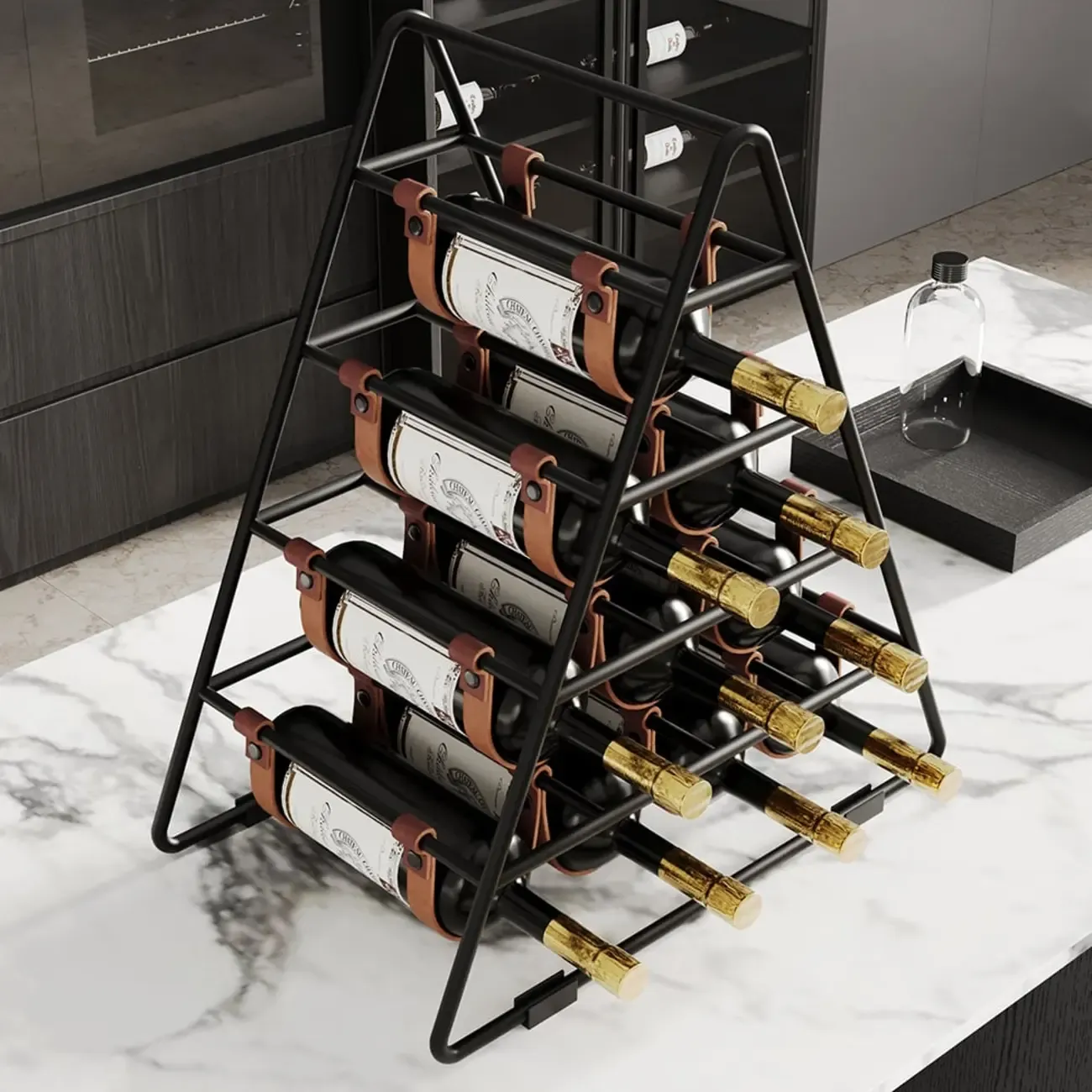 Industrial Black Metal Countertop Triangle 10 Bottles Wine Rack Holder