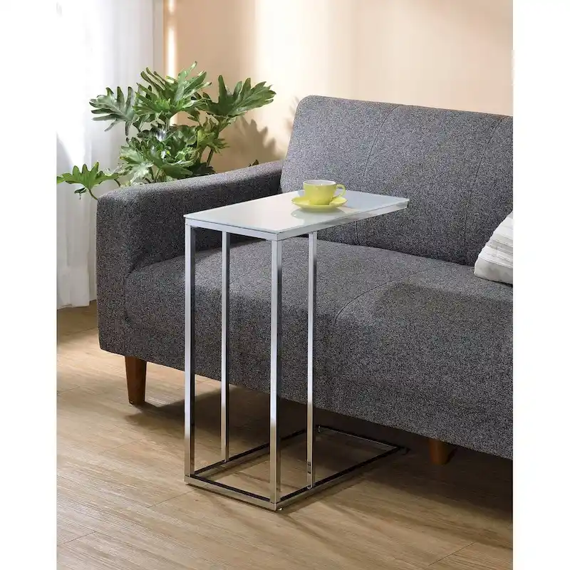 Accent Table - White Tempered Glass Top, Chrome Base, Slides Under Sofa, Multi-Functional
