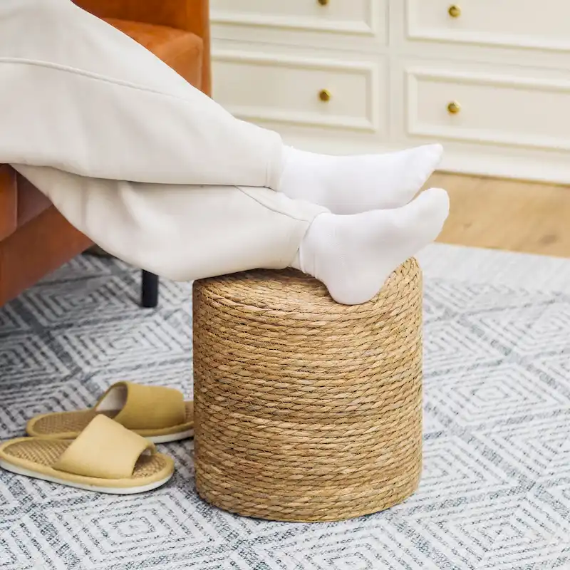 Adeco Round Ottoman Natural Cattail Hand Weave Foot Stool