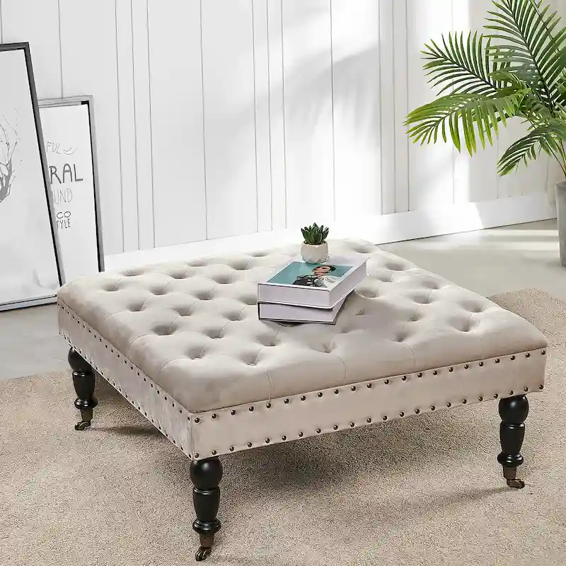 Button-Tufted Round Ottoman – 33 x 33 x 18 Inch