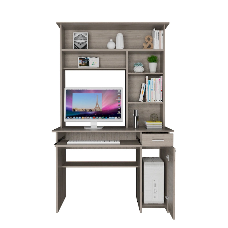 Compu 180 Hutch Desk with 5 Shelves, Retractable Keyboard Tray, CPU Panel, and Drawer