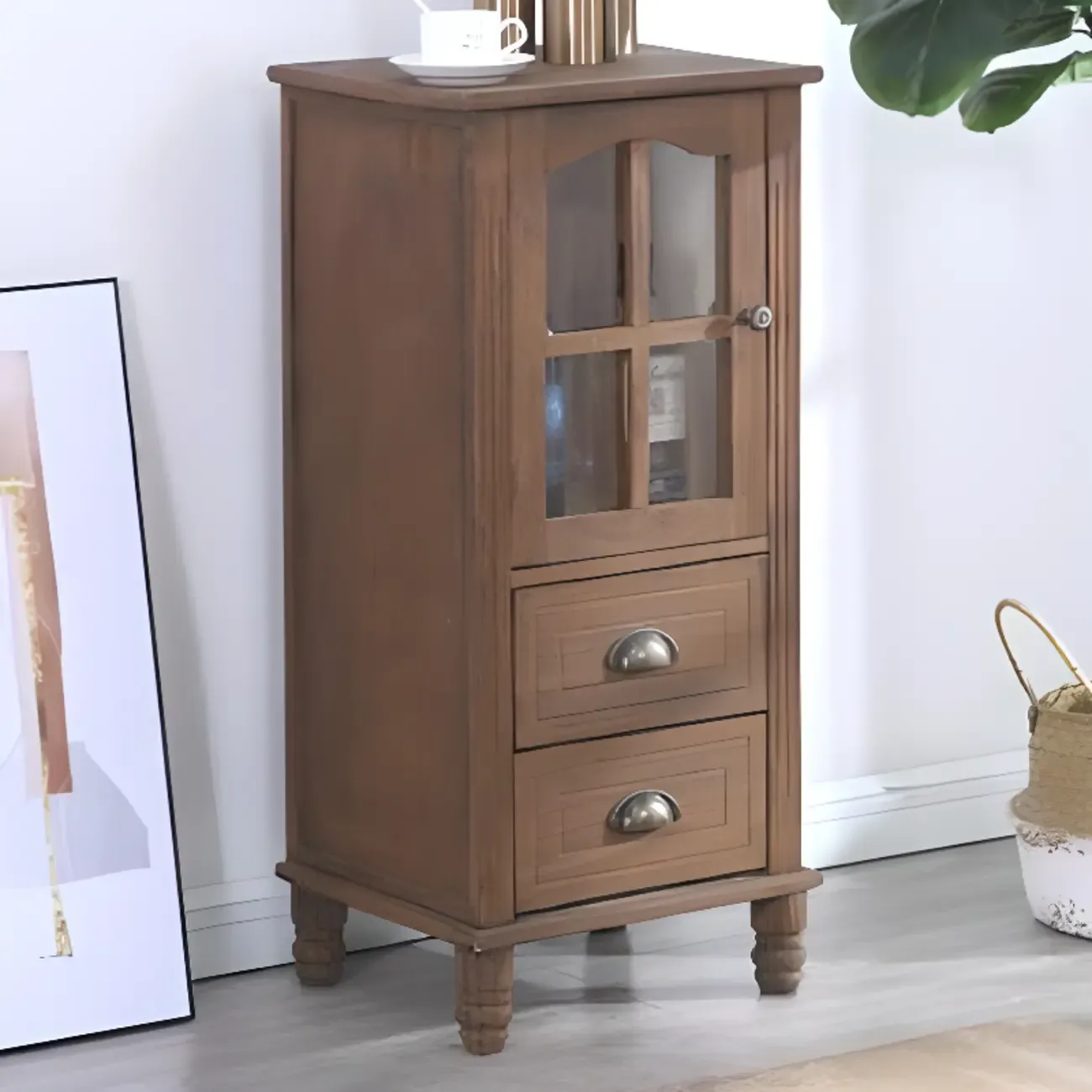 Freestanding Solid Wood White Cabinet with Drawers