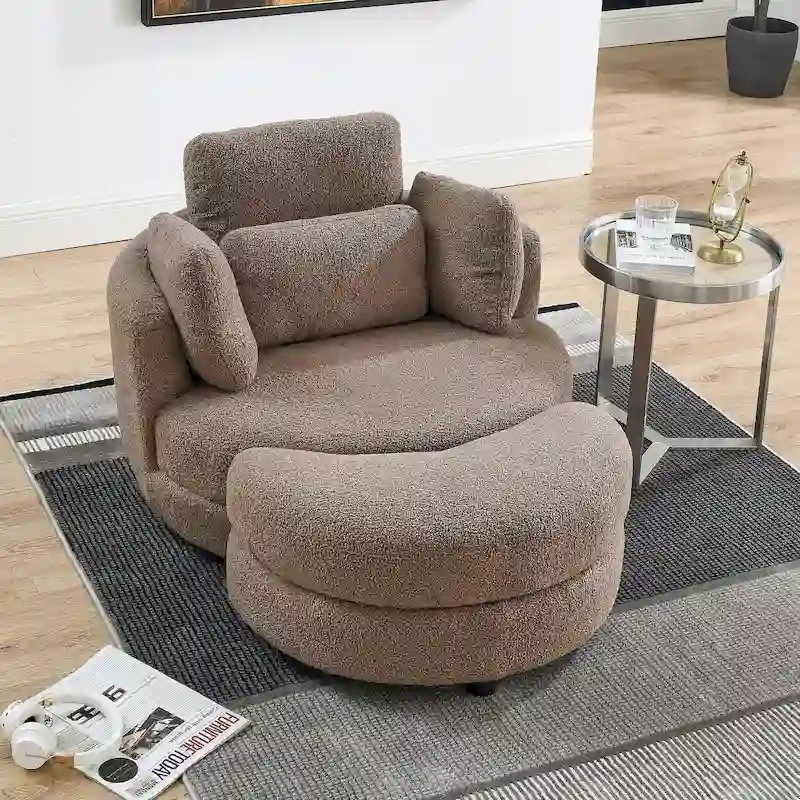 39 W Oversized Swivel Chair,moon storage ottoman,Loveseat Circle Swivel Barrel Chairs Cuddle Sofa Lounger Armchair,4 Pillows