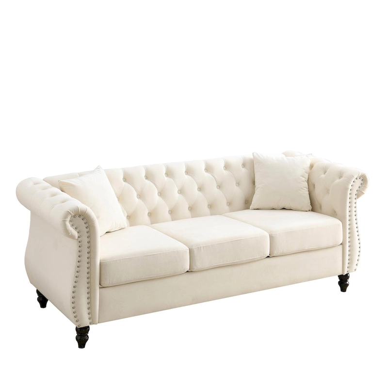 Beige Velvet Chesterfield 3 Seater Sofa with Rolled Arms, Nailhead Trim, 2 Pillows