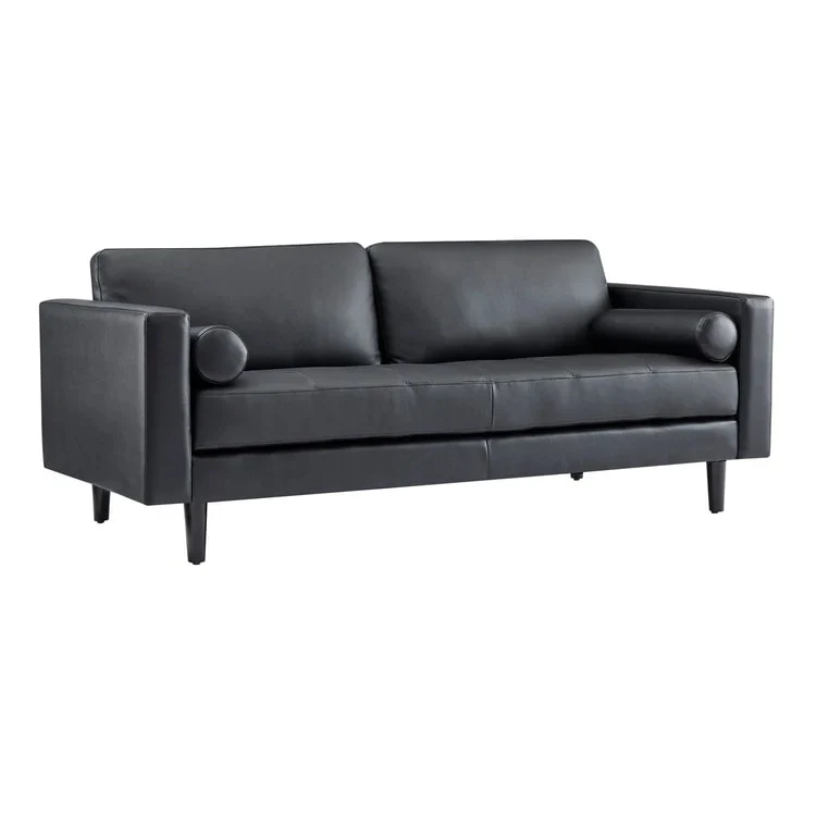 Modern Genuine Leather Sofa with Wooden Legs & Additional Bolster Pillow