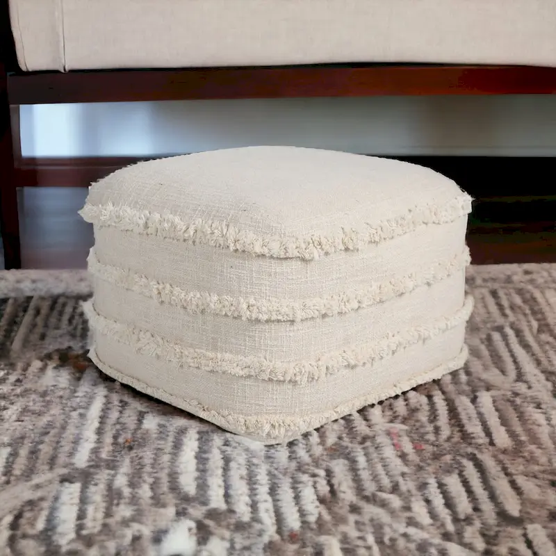 HomeRoots 18 Cream Cotton Tufted Cube Striped Pouf Ottoman