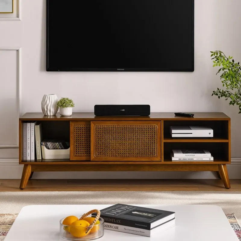 Modern Rattan TV Stand for 65 Inch TV, Entertainment Cabinet, Media Console