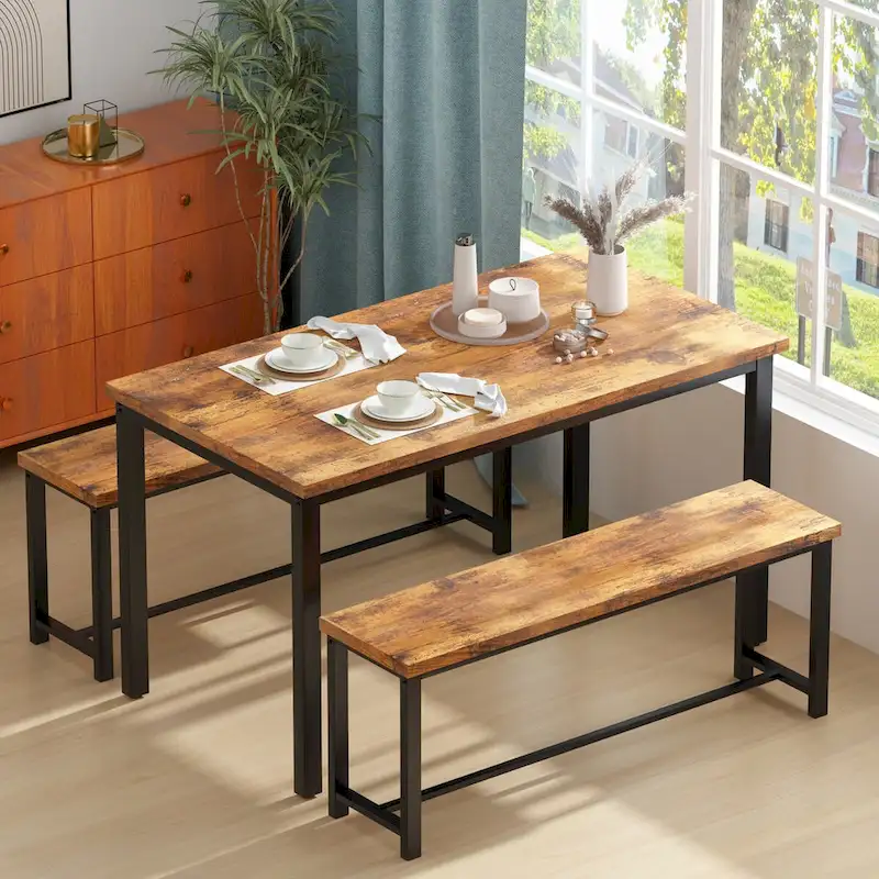 Mieres Vintage Industrial Style 3 Piece Dining Table with 2 Benches Set, Space Saving Kitchen Dining Room Bar Table Set