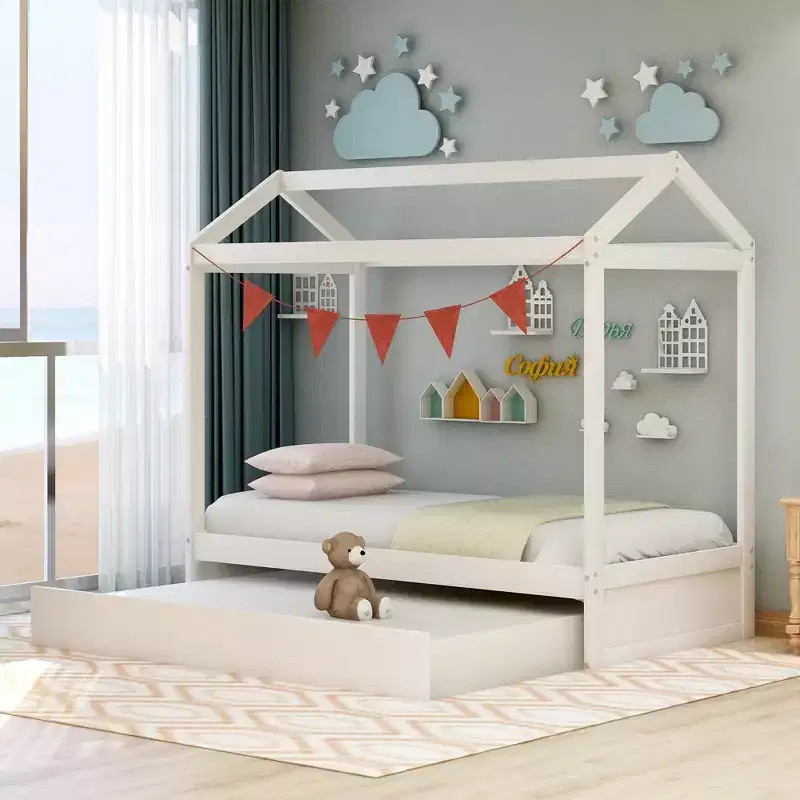 House Shape Platform Bed with Trundle, White