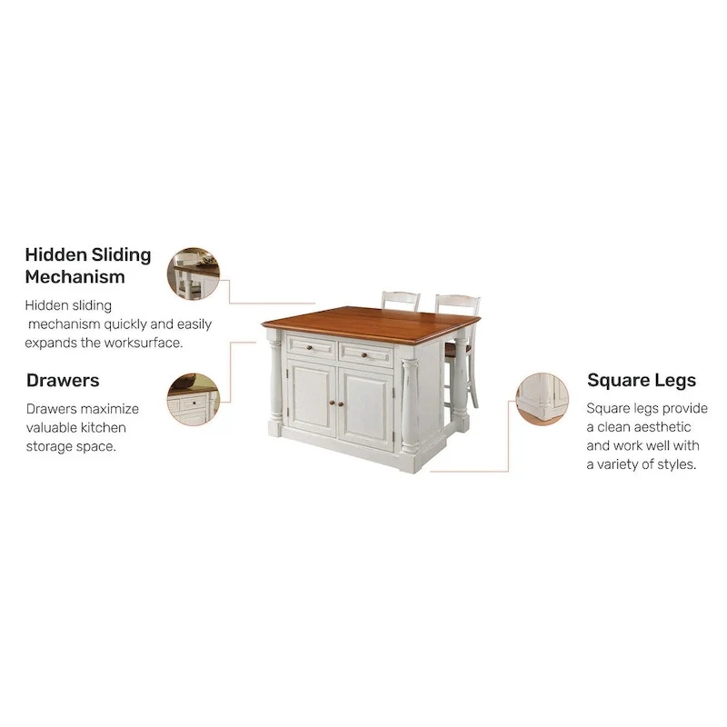 3-Piece Off-White Wood Kitchen Island Set with Drop Leaf Wood Top - 48' x 25' x 36'