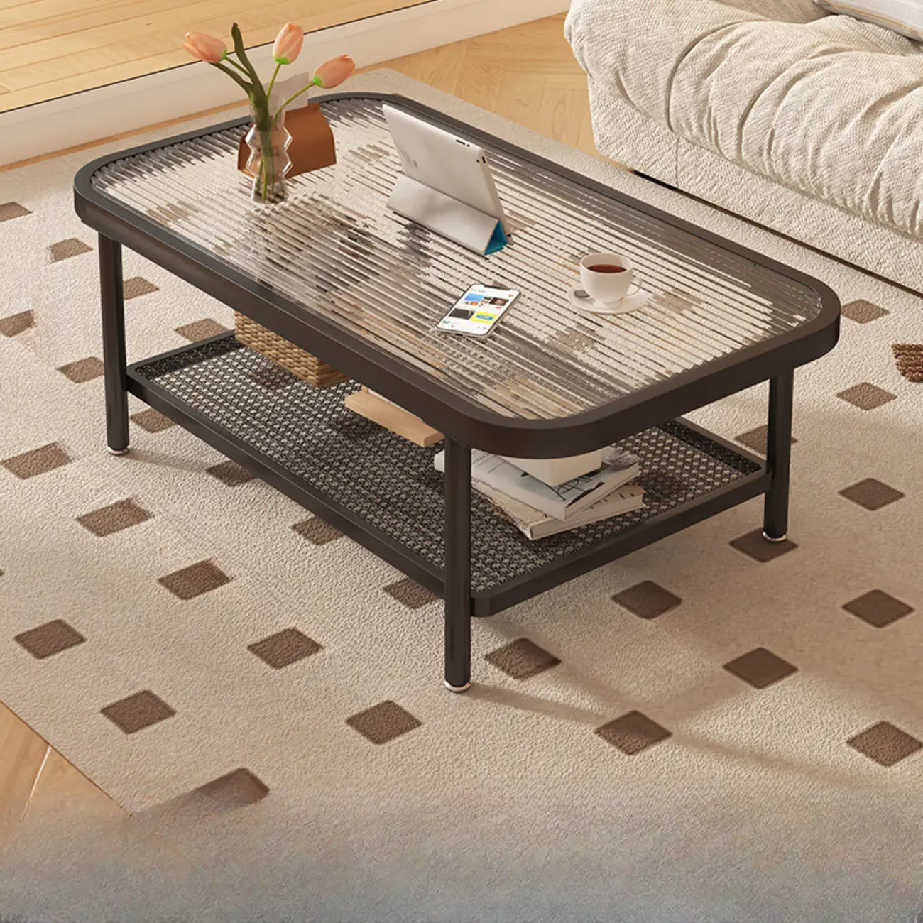 Modern White Rectangle Glass Coffee Table with Shelf