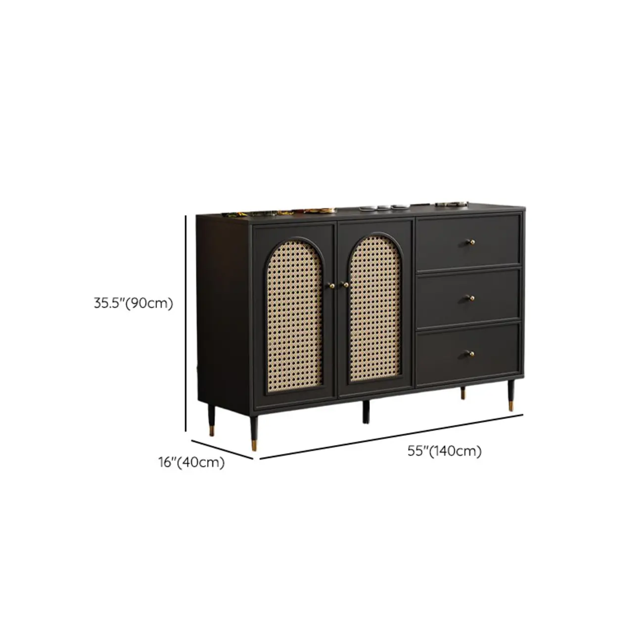 Traditional 3-Layer Rattan Wooden Black Sideboard Cabinet