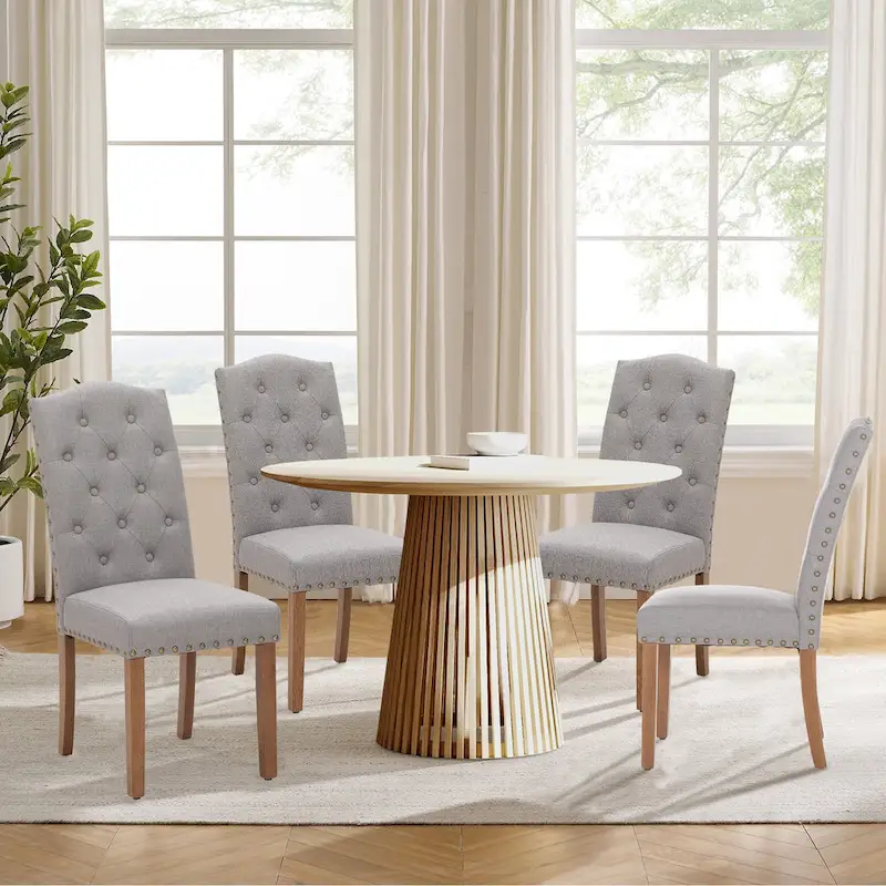 Set of 4 Upholstered Faux Leather/Fabric Dining Room Chairs with High Back and Solid Wood Legs