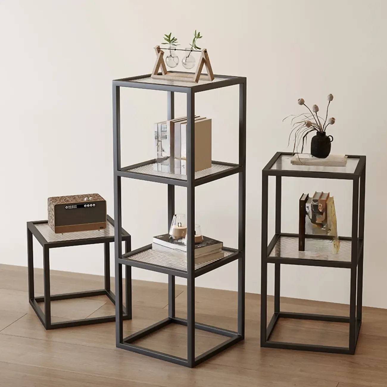 Modern Cube Open Metal Frame Black Bookcase