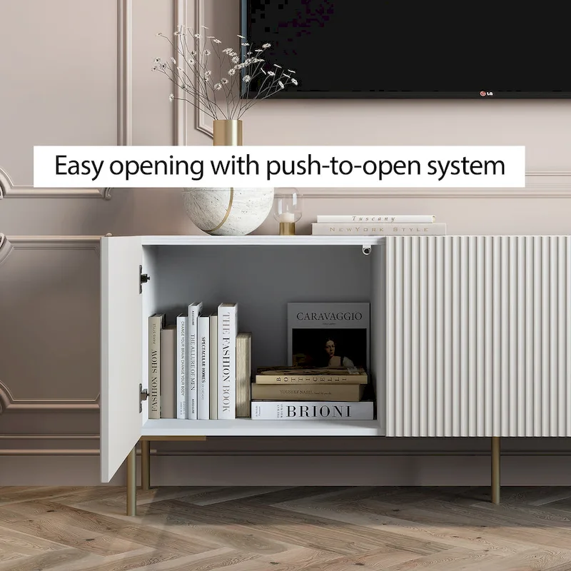 Living Skog Selline Beige TV Stand Console Fits TV's up to 65 in. with Metal Legs in Art Deco Design