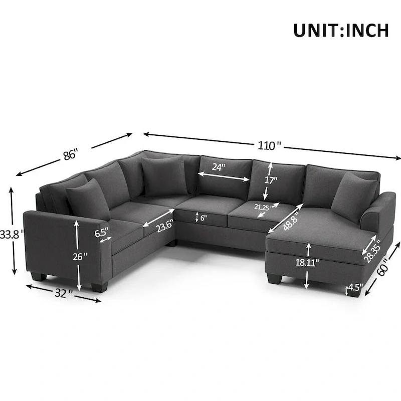 110*86 Sectional Sofa Upholstered Modern English Arm Classic U-shaped Sofa 3 Pillows Included