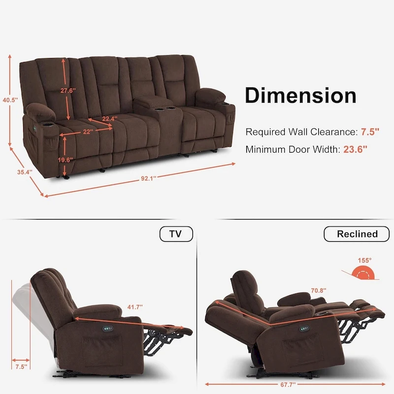 MCombo Electric Power Reclining Sofa with Massage and Lumbar Heat, Fabric 6015/6025/6035/6045