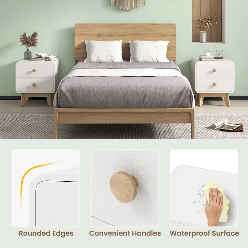 Costway 1/2 PCS Nightstand Mid Century Modern Bedside Table with 2