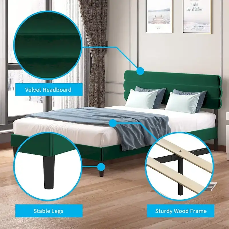 Fabric Padded Bedroom Furniture,Upholstered Bed Frame with Velvet Tufted Headboard