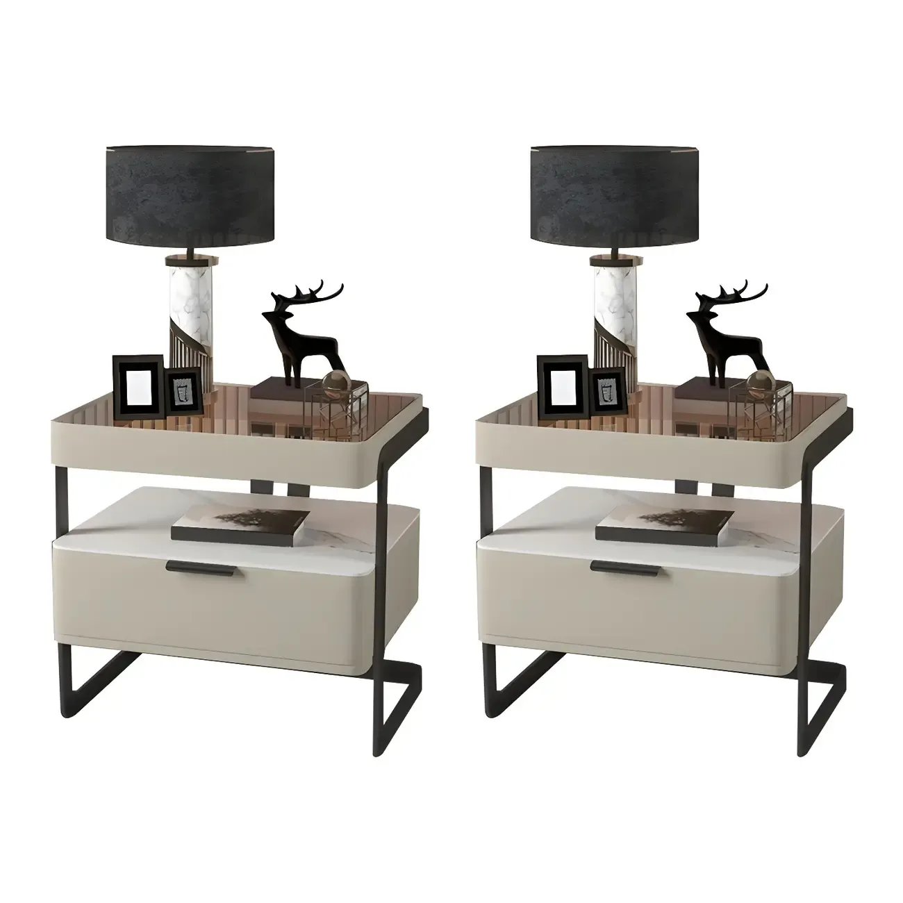 Modern Wood Nightstand with Glass Countertop and Drawer