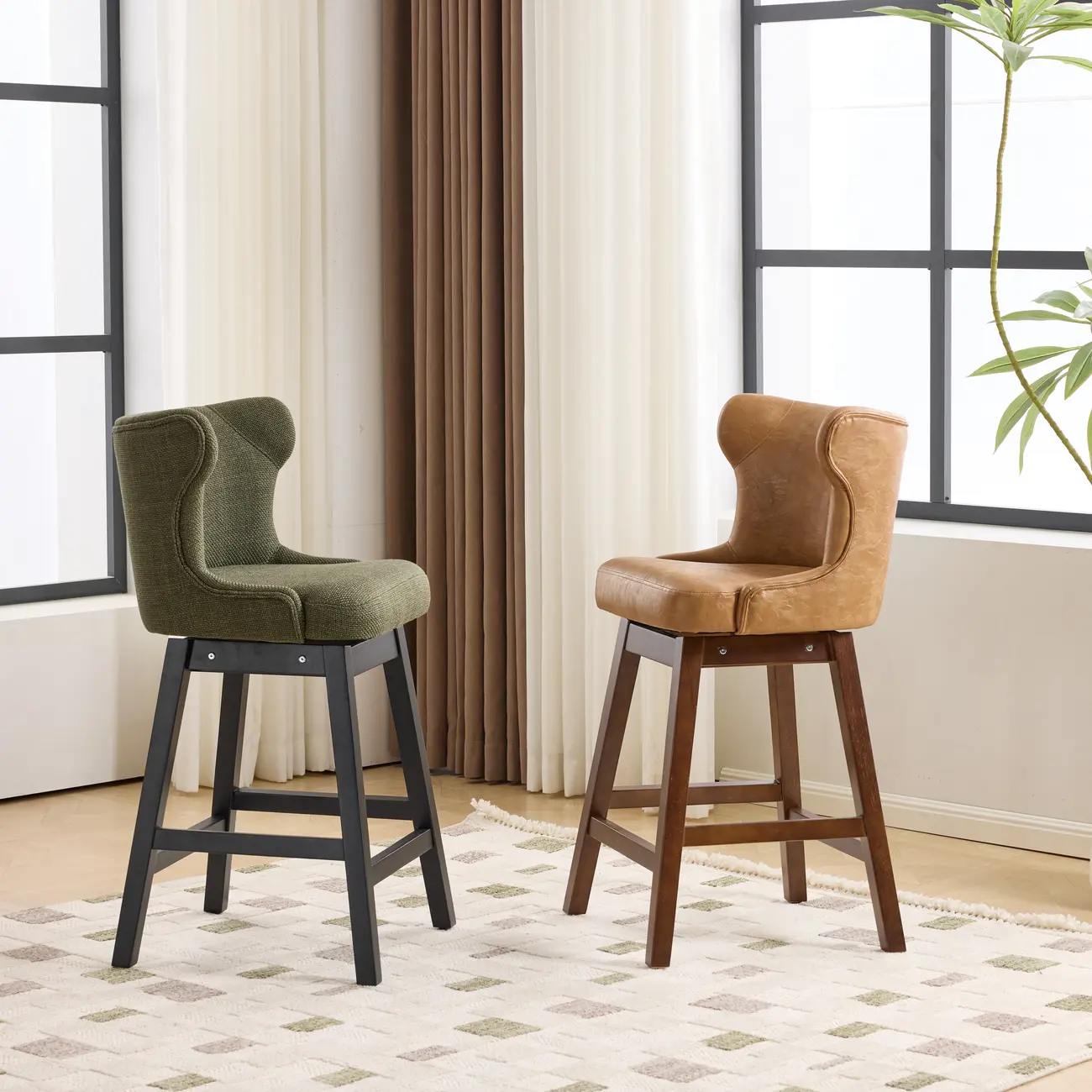 Set Of 2 Bar Height Mid-century Modern Upholstered Bar Stools