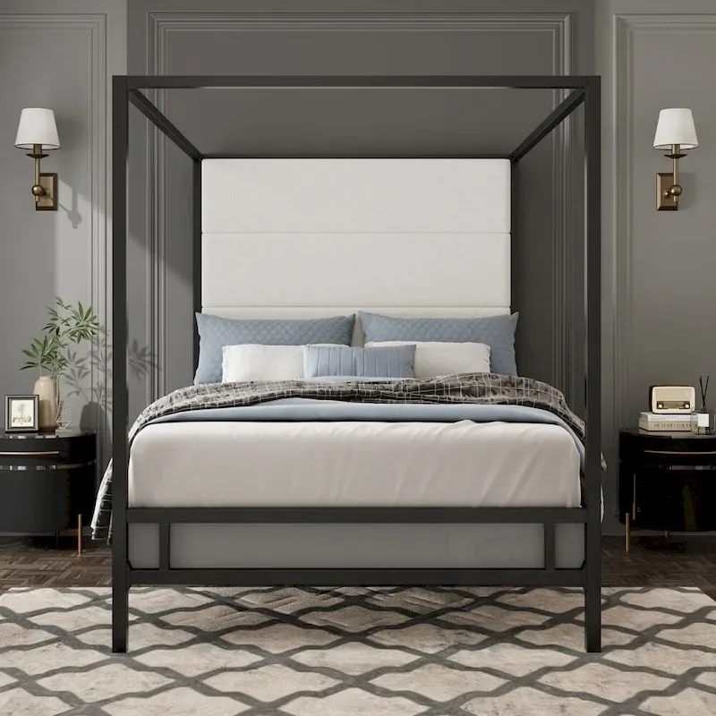 Metal 4-Poster Bed Frame Modern Canopy Upholstered Bed with Tall Upholstered Headboard