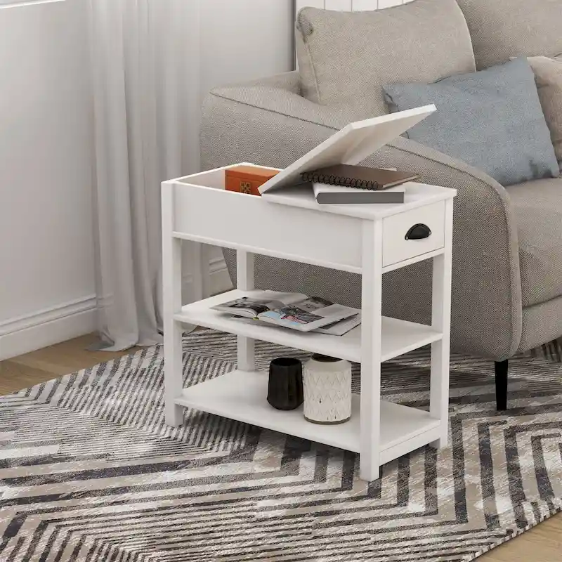 Narrow Flip Top Side Table with Drawer End Table with 2-Tiers Open Storage Shelves Sofa Table for Living Room,Bedroom