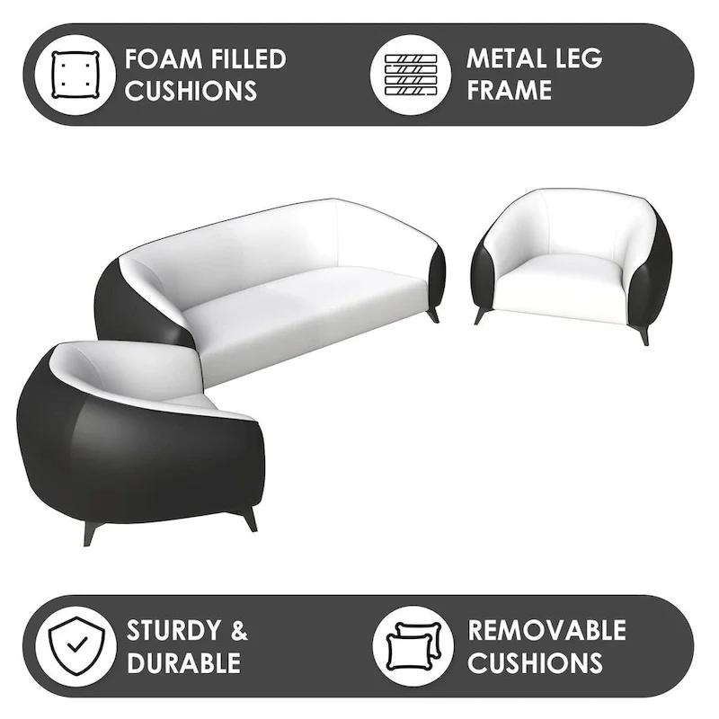 3-Piece Modern Sofa Set with Vegan Leather, Solid Wood Frame, Steel Legs, Foam Cushions for Living Room