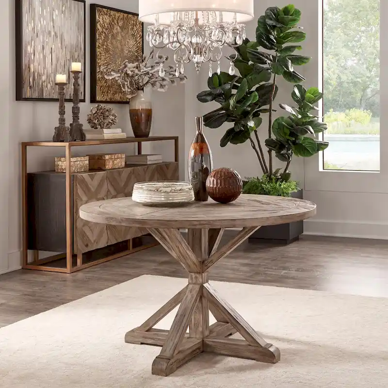 Krakova Rustic X-Base Round Pine Wood Dining Table